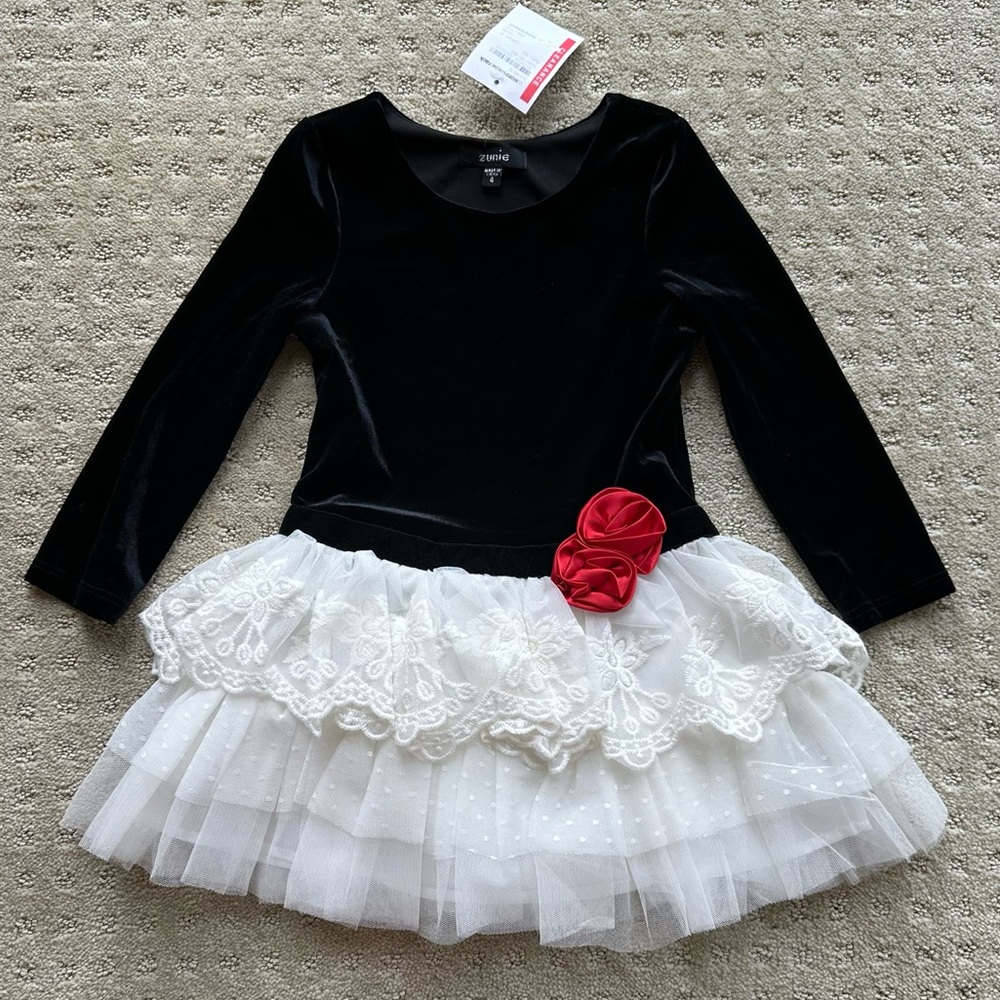 NWT Zunie Girls’ Black Velour And Ivory Ruffle Lace Dress With Red Rosette, 4
